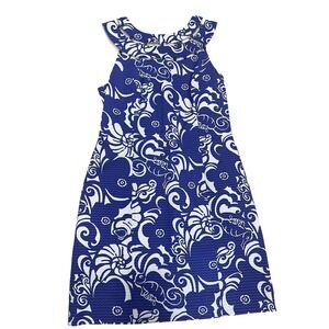 Lilly Pulitzer Blue White Floral Shell Beaded Neck Shift Dress Size 2